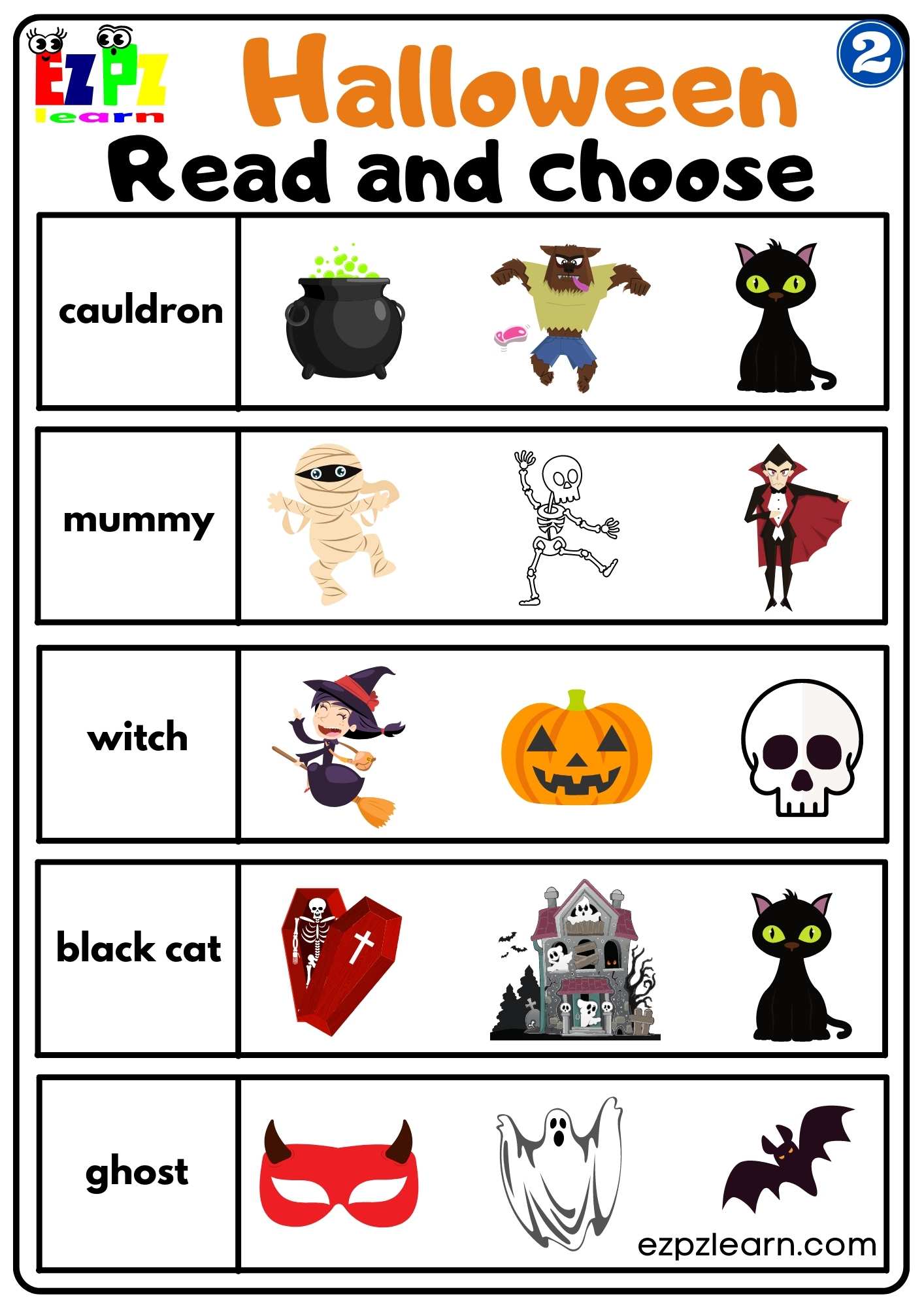 Group 2 Halloween Vocabulary Read and Choose Worksheet for Kids  PDF Download